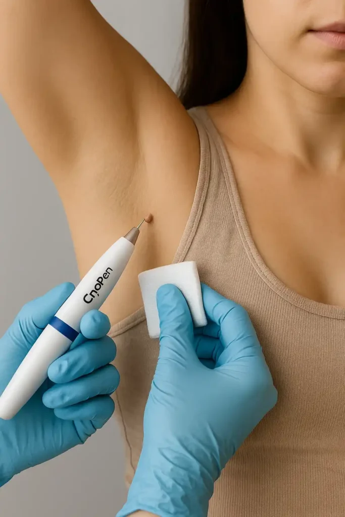 woman having cryopen to remove underarm skin tags Dunstable