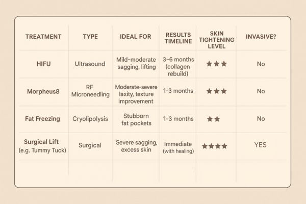 Table showing the comparisons of Skin tightening Dunstable treatment options. 